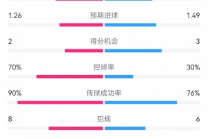 多特2-3藥廠數(shù)據(jù)：射門12-7，得分機會2-3，控球率70%-30%