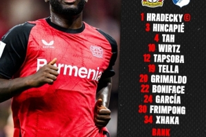 勒沃庫森vs霍芬海姆首發(fā)：維爾茨、扎卡先發(fā) 博尼法斯出戰(zhàn)