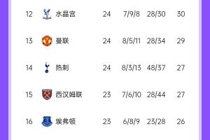 南區(qū)競爭激烈！英超積分榜：曼聯(lián)遭水晶宮反超跌第13，熱刺升第14