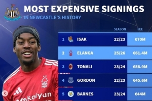 德轉(zhuǎn)列紐卡隊(duì)史引援榜：伊薩克7000萬，伊蘭加、托納利、戈登在列