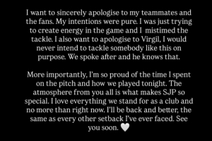 戈登社媒談染紅：我要向范迪克道歉，我絕對(duì)不會(huì)故意這樣鏟人