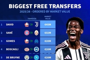 德轉(zhuǎn)列今夏免簽身價(jià)最貴榜：戴維&薩內(nèi)領(lǐng)銜，德布勞內(nèi)&托馬斯在列