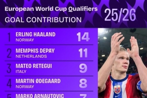 本屆歐洲世預賽參與進球榜：哈蘭德14球居首，德佩11球次席