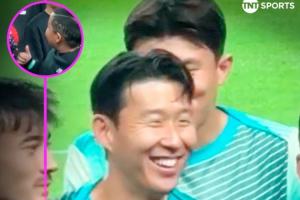 可愛(ài)??對(duì)陣巴拉圭合影環(huán)節(jié)，孫興慜與SONNY發(fā)型的小球迷打招呼