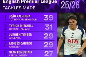 本賽季英超搶斷榜：帕利尼亞壓米切爾居首，廷伯、凱塞多列前四