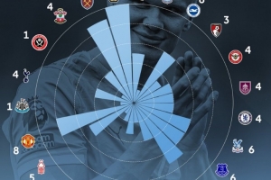 英超官方曬哈蘭德百球分布：對狼隊10球最多，曼聯(lián)8球、槍手5球