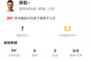 穆勒本場2射1正+1關(guān)鍵傳球 3搶斷2犯規(guī)+10對抗5成功 獲評7分