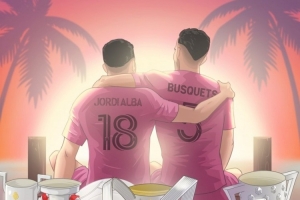 美職聯(lián)曬海報(bào)致敬阿爾巴、布斯克茨：懷抱獎(jiǎng)杯并肩策馬，步入夕陽