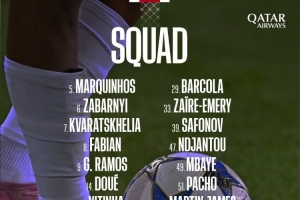 巴黎對陣畢巴大名單：杜埃、努諾·門德斯回歸，登貝萊缺席