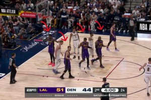 約基奇強攻籃下造犯規(guī)，湖人場上四人攤手表示不滿！??